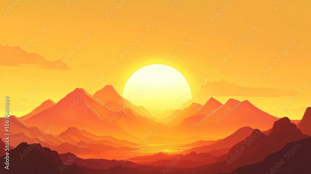 Sunset over landscape, depicting the sun setting behind mountains, casting an orange glow over the scenery Sunset over landscape, depicting the sun setting behind mountains, casting an orange glow over the scenery