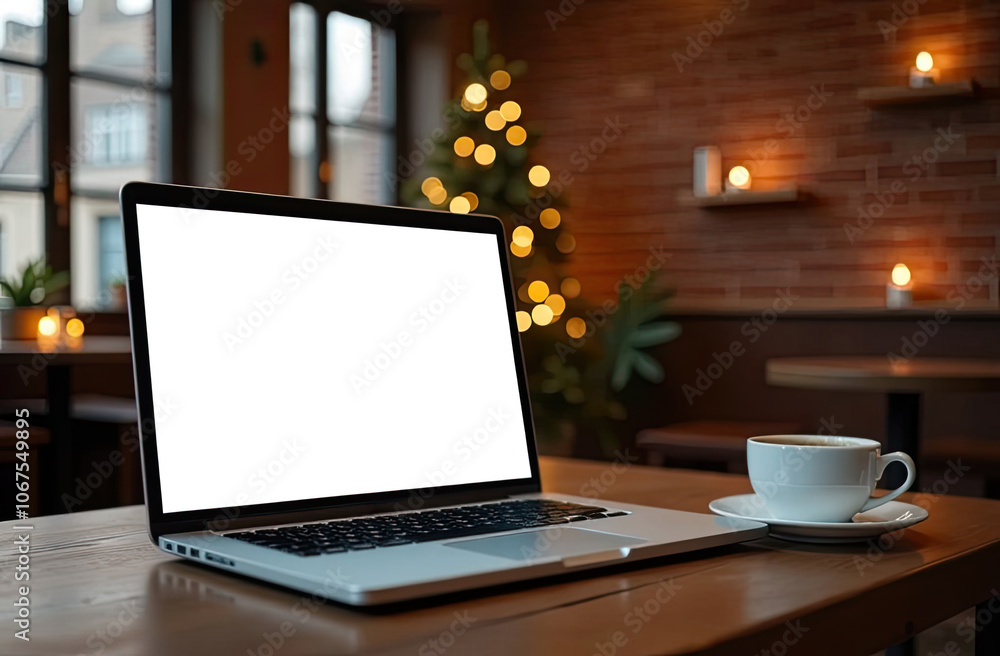 Laptop with a white screen mock up on table in the cozy cafe in loft style with a cup of coffee, home office of Christmas decor. Laptop with a white screen mock up on table in the cozy cafe in loft style with a cup of coffee, home office of Christmas decor.