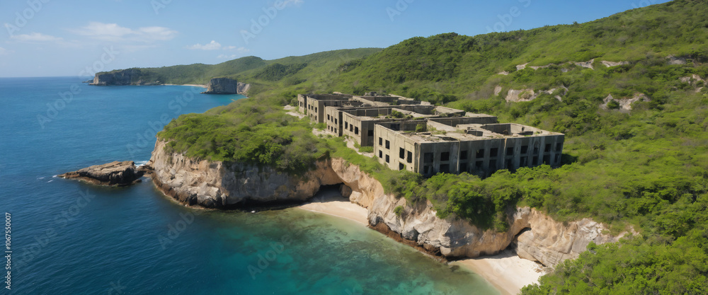 Abandoned military island with remnants of buildings and bunkers. The landscape includes rugged cliffs, dense vegetation, and pristine beaches. Abandoned military island with remnants of buildings and bunkers. The landscape includes rugged cliffs, dense vegetation, and pristine beaches.