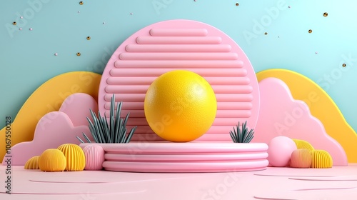 Abstract Minimalist 3D Render Scene with Pink Yellow and Green Colors