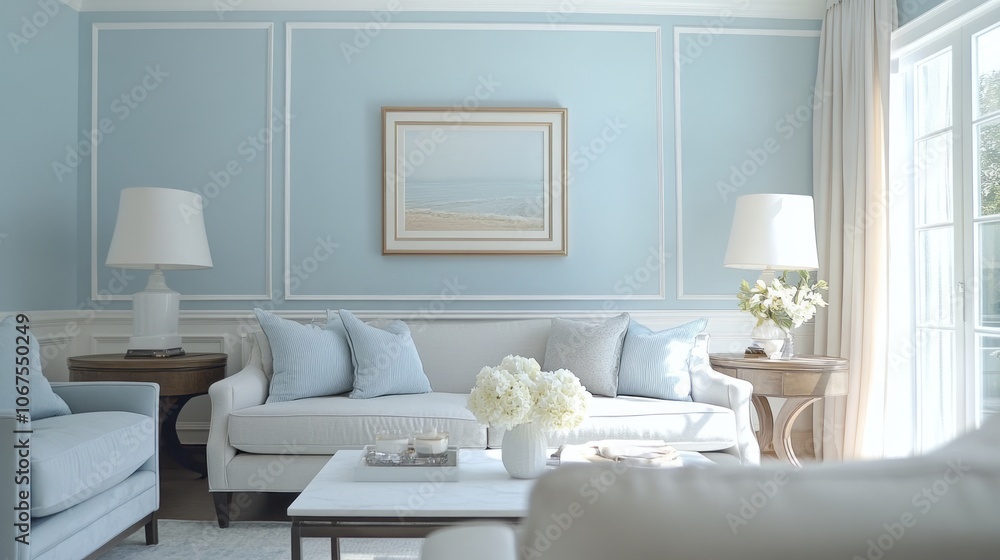 White Sofa with Blue Pillows in a Light Blue Living Room White Sofa with Blue Pillows in a Light Blue Living Room