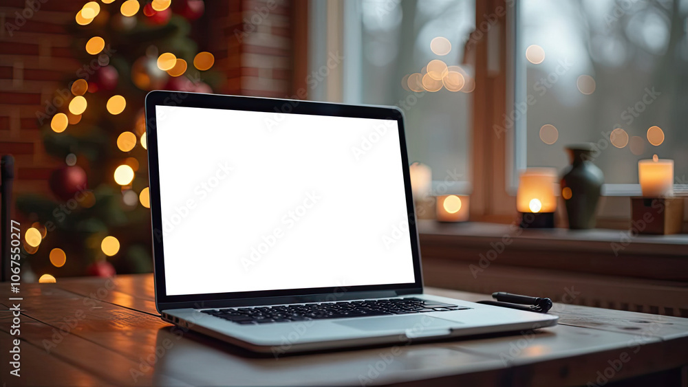 Laptop with a white screen mock up on table in the cozy cafe in loft style with a cup of coffee, home office of Christmas decor. Laptop with a white screen mock up on table in the cozy cafe in loft style with a cup of coffee, home office of Christmas decor.