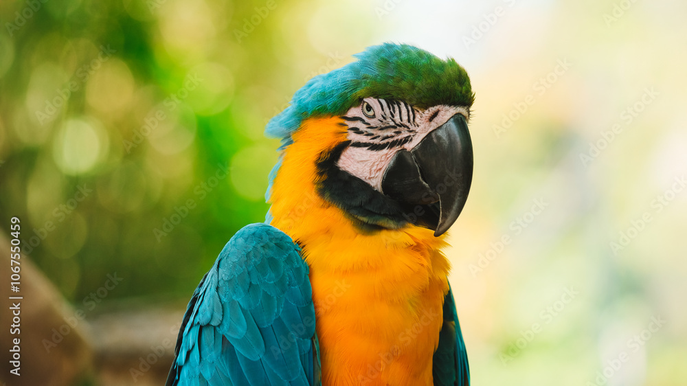 Close up portrait of a blue and yellow Macaw parrot sitting on a wooden perch against a lush green tropical garden. Exotic bird in a zoo looking at the camera. Bird watching. Close up portrait of a blue and yellow Macaw parrot sitting on a wooden perch against a lush green tropical garden. Exotic bird in a zoo looking at the camera. Bird watching.