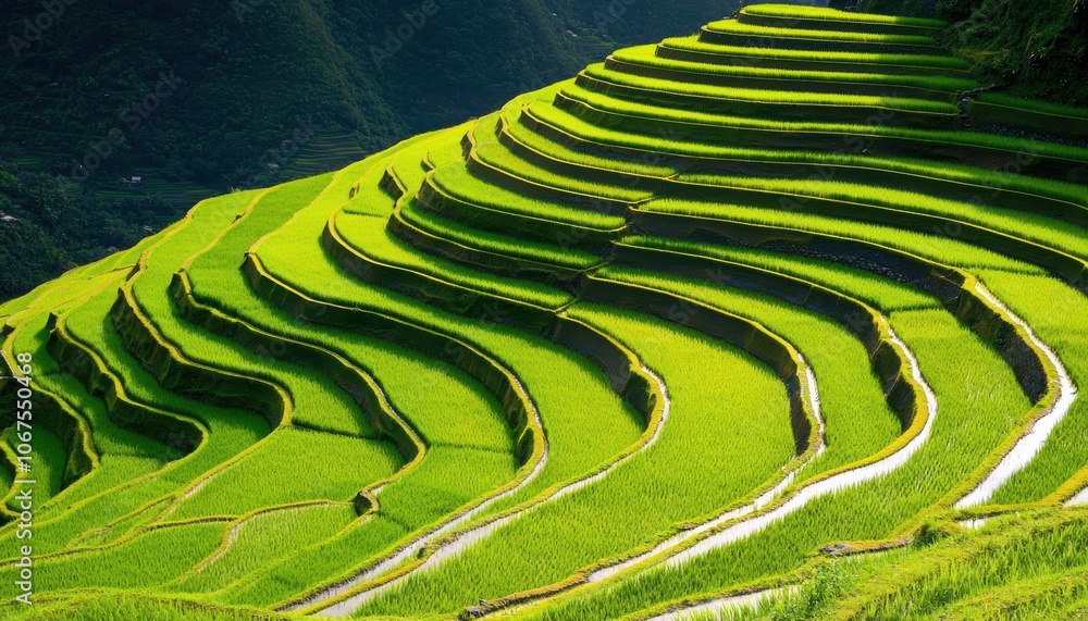 Fototapeta premium Rows of terraced rice fields in a lush valley, soft morning light capturing agricultural beauty and tradition