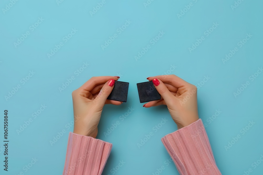 Fototapeta premium Hands Holding Two Small Black Squares on a Bright Blue Background