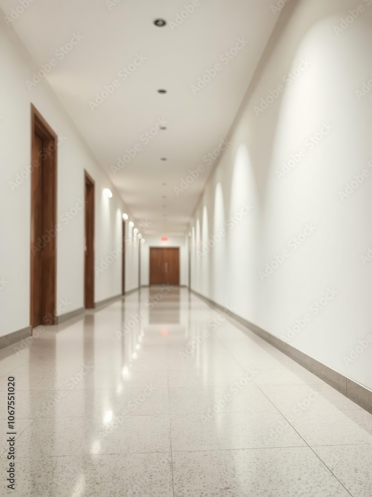 Empty hallway illuminated by soft LED lighting with minimal blur effect, clean, technology Empty hallway illuminated by soft LED lighting with minimal blur effect, clean, technology