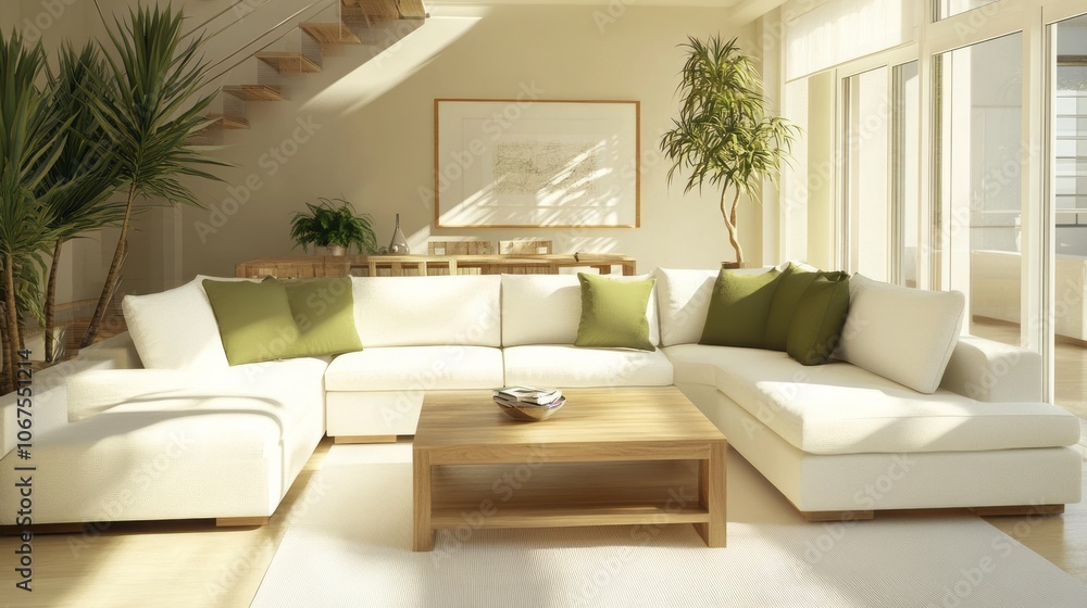 Fototapeta premium Modern Living Room with White Sectional Sofa and Wooden Coffee Table