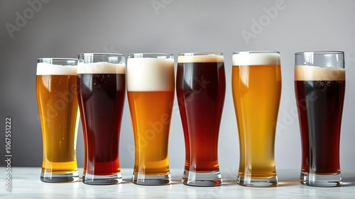 Four glasses filled with different types of beer - lager, ale, stout, and pilsner, showcasing a variety of colors and flavors, flavors, different