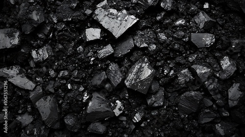 A close-up view of rough, dark coal pieces scattered on a surface.