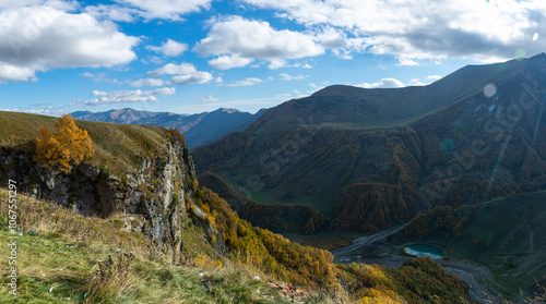 Panoramic landscape view, autumn in caucasus mountains, snow covered mountain...