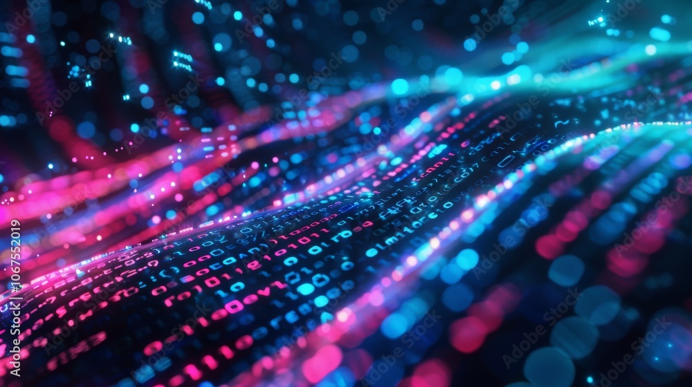 Futuristic data flow with binary code in neon colors Futuristic data flow with binary code in neon colors