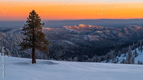 A lone pine tree stands tall on a snowy mountaintop, overlooking a vast, snow-covered forest at sunset.