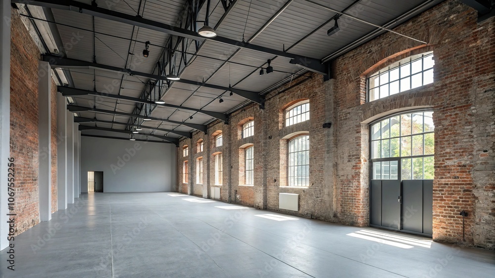 Industrial Chic Hall with Exposed Brick and Empty Gray Walls, industrial textures, gray walls, concrete floors Industrial Chic Hall with Exposed Brick and Empty Gray Walls, industrial textures, gray walls, concrete floors
