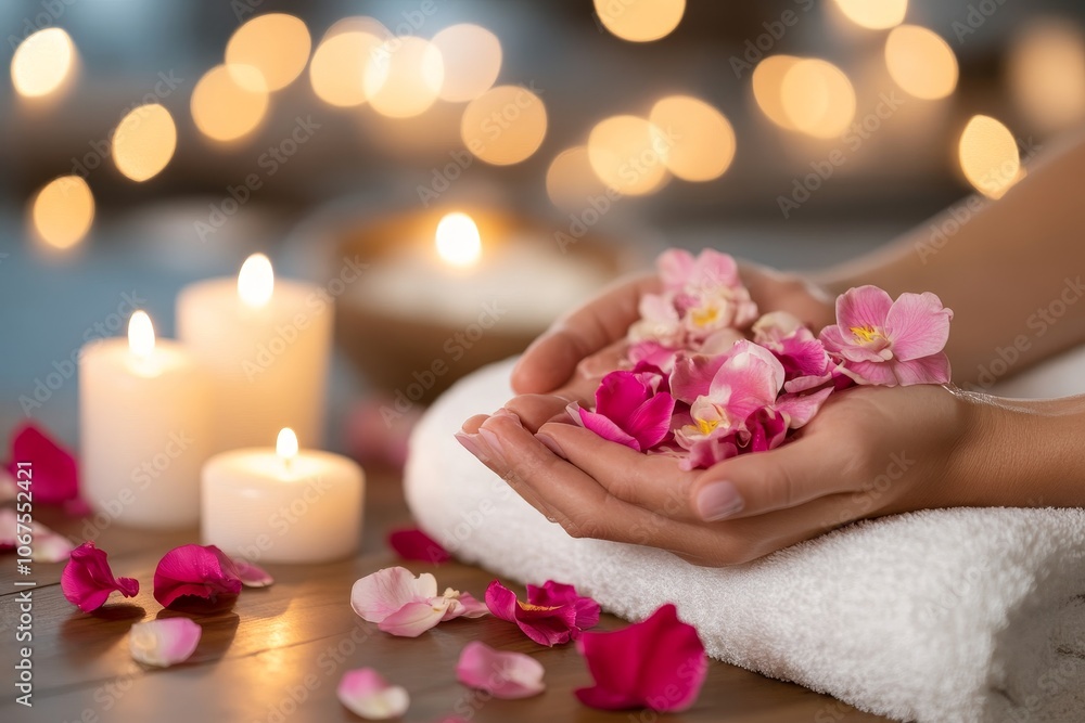 Relaxing spa treatment with flower petals and candles in a serene atmosphere for stress relief and rejuvenation Relaxing spa treatment with flower petals and candles in a serene atmosphere for stress relief and rejuvenation