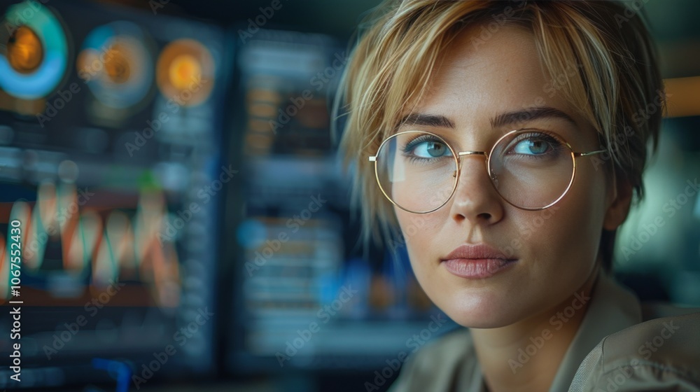 Beautiful short haired female project manager is working on data analysis charts in front of multiple monitors. Beautiful short haired female project manager is working on data analysis charts in front of multiple monitors.