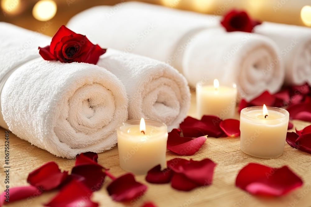 Relaxing spa setup with white towels, candles, and rose petals for a soothing atmosphere at a wellness retreat Relaxing spa setup with white towels, candles, and rose petals for a soothing atmosphere at a wellness retreat