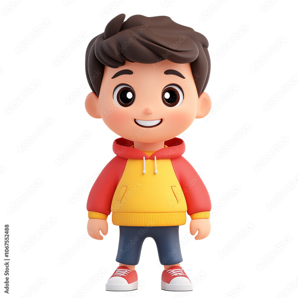 Child character in colorful hoodie stands happily Child character in colorful hoodie stands happily
