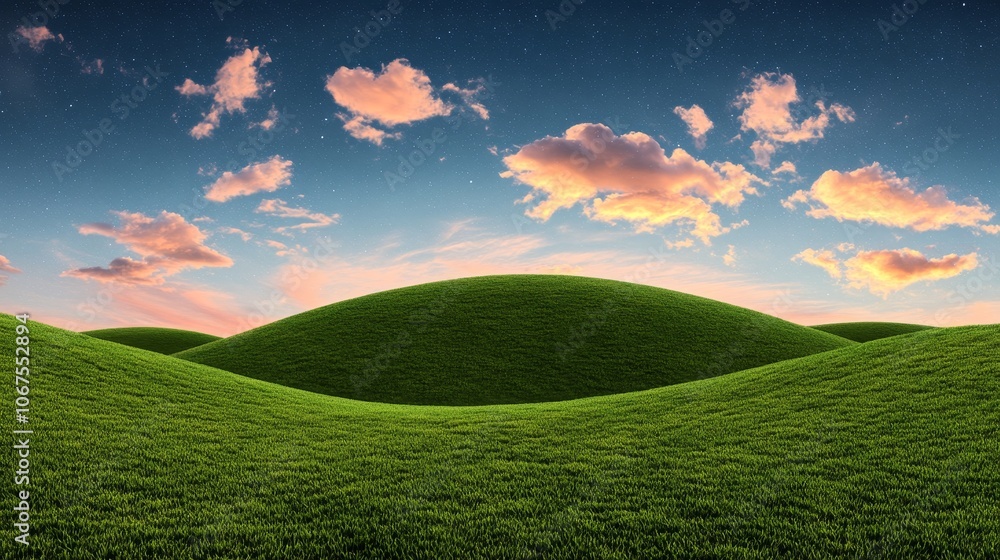 Fototapeta premium Rolling Green Hills Under Pink Sunset Sky with Stars Scenic Landscape Background