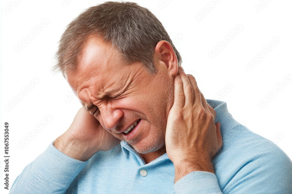 Man experiencing neck pain while clasping his hands around his neck in a light blue shirt in an indoor setting during the daytime Man experiencing neck pain while clasping his hands around his neck in a light blue shirt in an indoor setting during the daytime