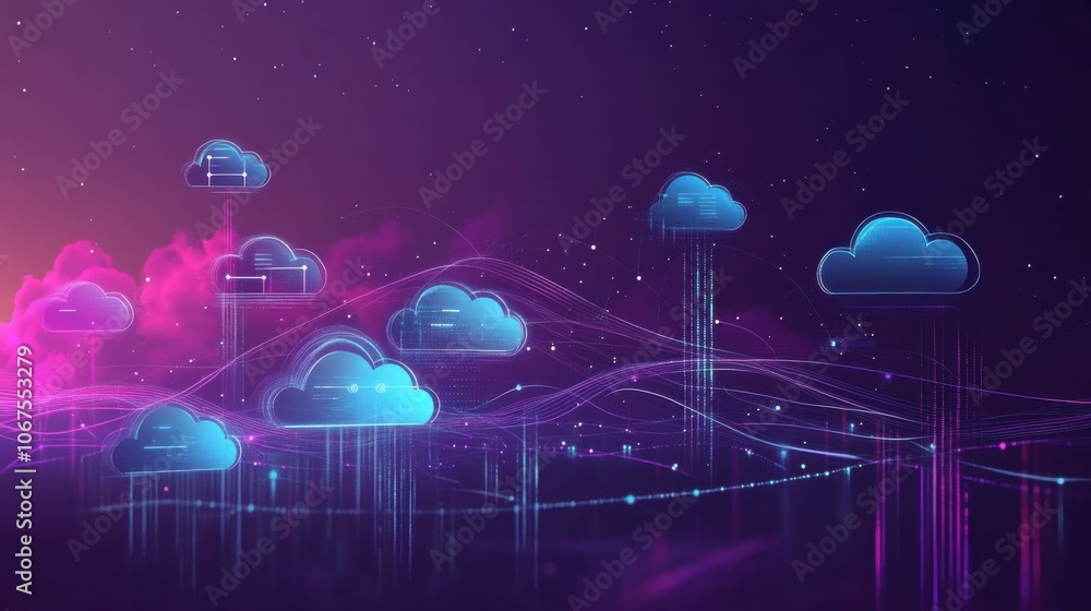 Virtual servers in cloud illustration, showing cloud icons linked to digital platforms, flat vector art Virtual servers in cloud illustration, showing cloud icons linked to digital platforms, flat vector art