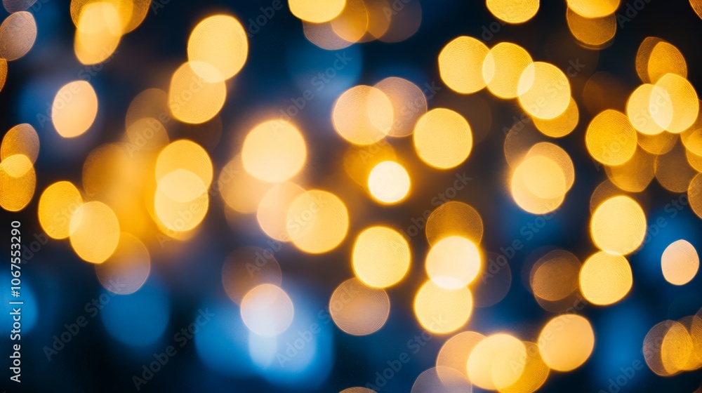 Obraz premium Navy and Gold Festive Bokeh, vibrant bursts of light create a lively holiday atmosphere, perfect for celebrations, events, and seasonal promotions.