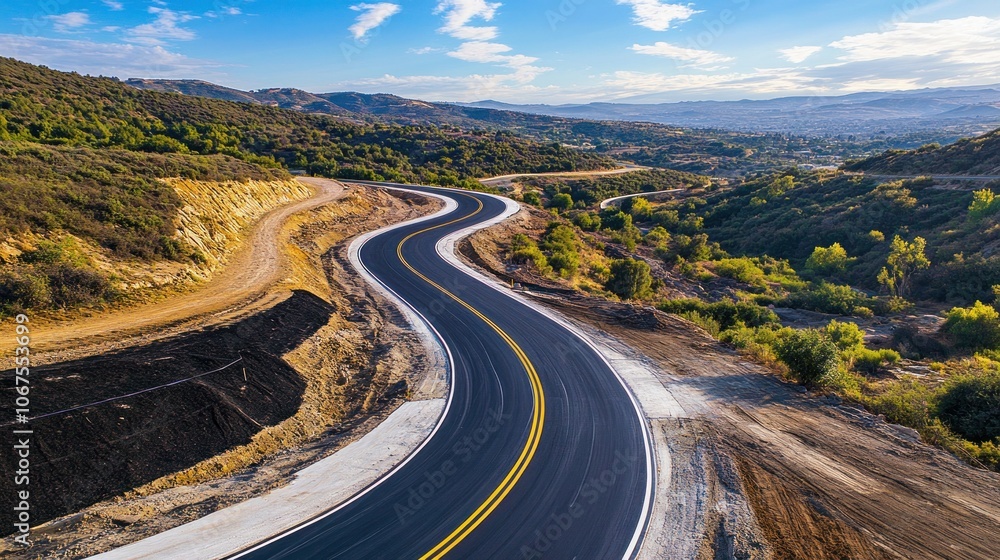 Winding asphalt road through a mountainous landscape under a blue sky. Winding asphalt road through a mountainous landscape under a blue sky.