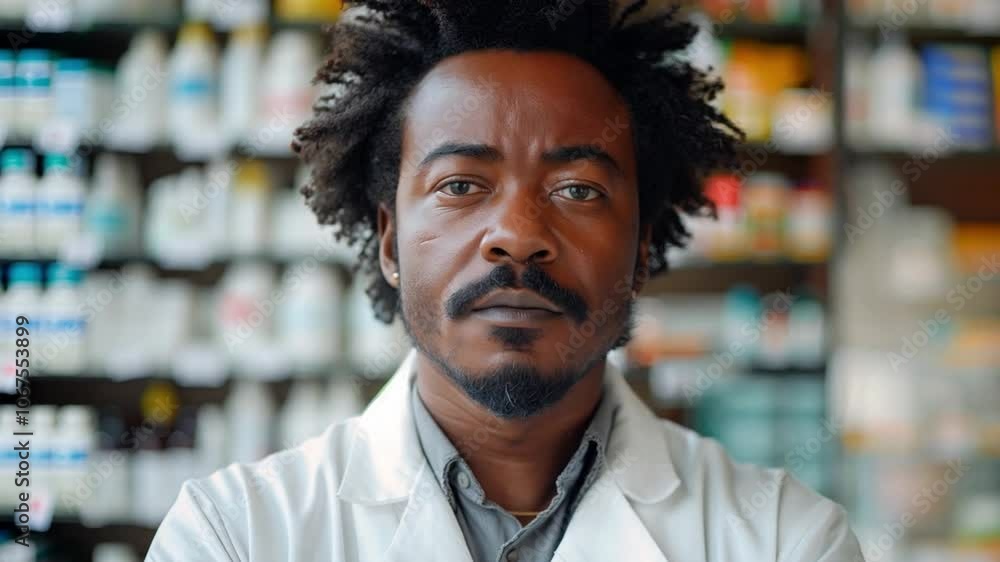 This man in a white coat works in a pharmacy filled with various health products and supplies. This man in a white coat works in a pharmacy filled with various health products and supplies.