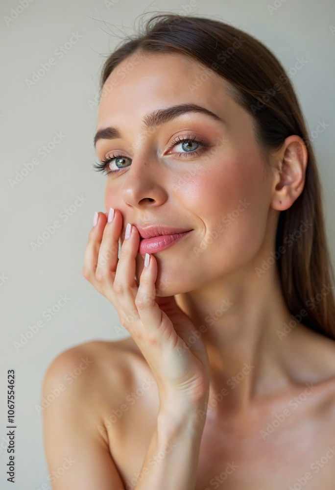 Natural Beauty Portrait with Soft Glowing Makeup: Close-up beauty portrait showcasing natural glowing makeup, rosy cheeks, defined lashes, and manicured nails. Natural Beauty Portrait with Soft Glowing Makeup: Close-up beauty portrait showcasing natural glowing makeup, rosy cheeks, defined lashes, and manicured nails.