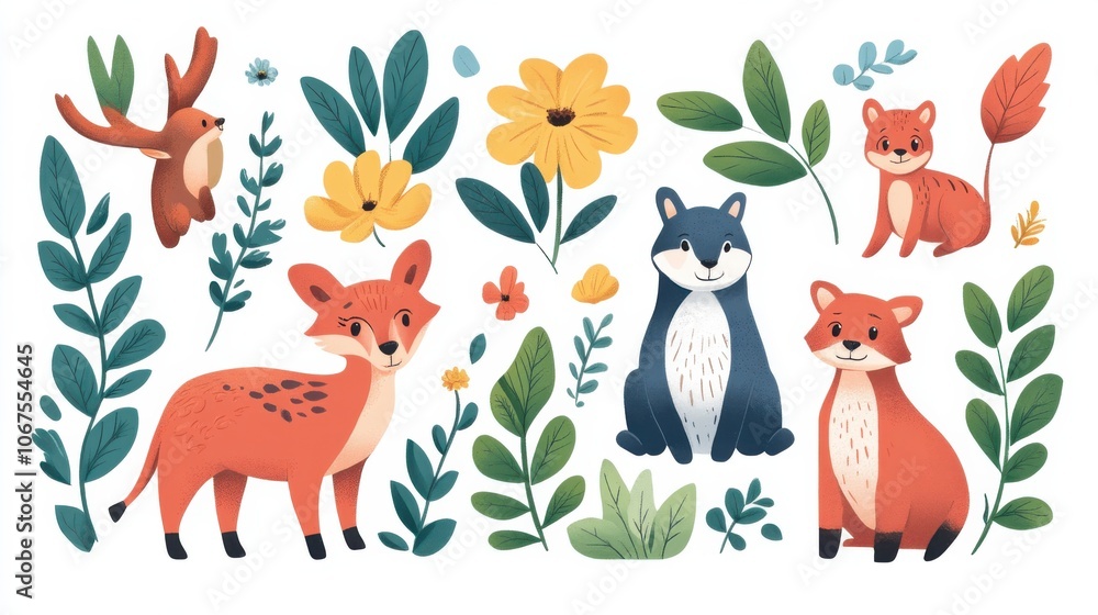 Naklejka premium Wildlife and plants illustration, depicting a mix of forest animals and lush plants, flat and detailed