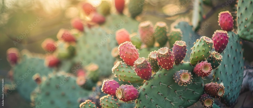 Wild prickly pear cactus with fruits during golden hour Wild prickly pear cactus with fruits during golden hour