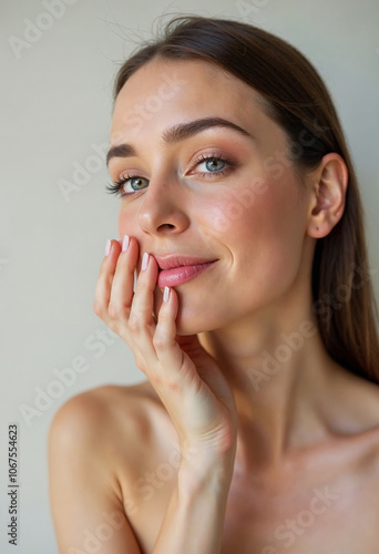 Natural Beauty Portrait with Soft Glowing Makeup: Close-up beauty portrait showcasing natural glowing makeup, rosy cheeks, defined lashes, and manicured nails.