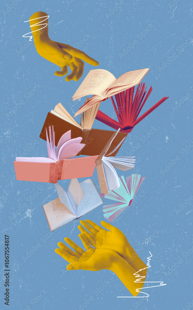 Human hand and open books over abstract background. Contemporary art collage. Concept of education, reading, knowledge