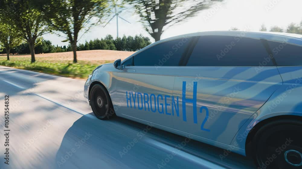 A modern hydrogen-powered car in motion, driving on a scenic road. A perfect image depicting eco-friendly mobility, transportation innovation, and the future of the automotive industry. A modern hydrogen-powered car in motion, driving on a scenic road. A perfect image depicting eco-friendly mobility, transportation innovation, and the future of the automotive industry.