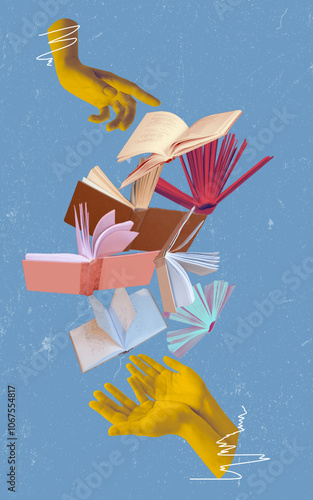 Obraz na płótnie Human hand and open books over abstract background. Contemporary art collage. Concept of education, reading, knowledge w salonie