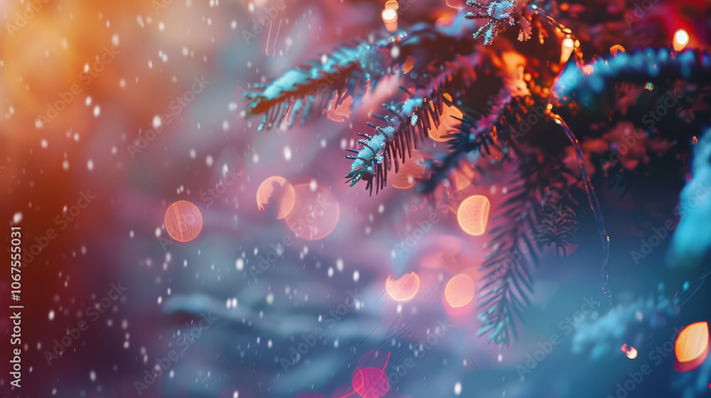 Fototapeta premium christmas tree with lights blurred background with snow 