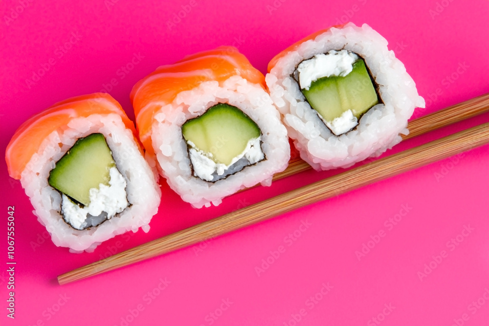 Close-up of three fresh sushi rolls with salmon, avocado, and cream cheese on a vibrant pink background, accompanied by chopsticks Close-up of three fresh sushi rolls with salmon, avocado, and cream cheese on a vibrant pink background, accompanied by chopsticks