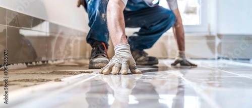 A tiler lays floor tiles in working gloves in a modern bathroom