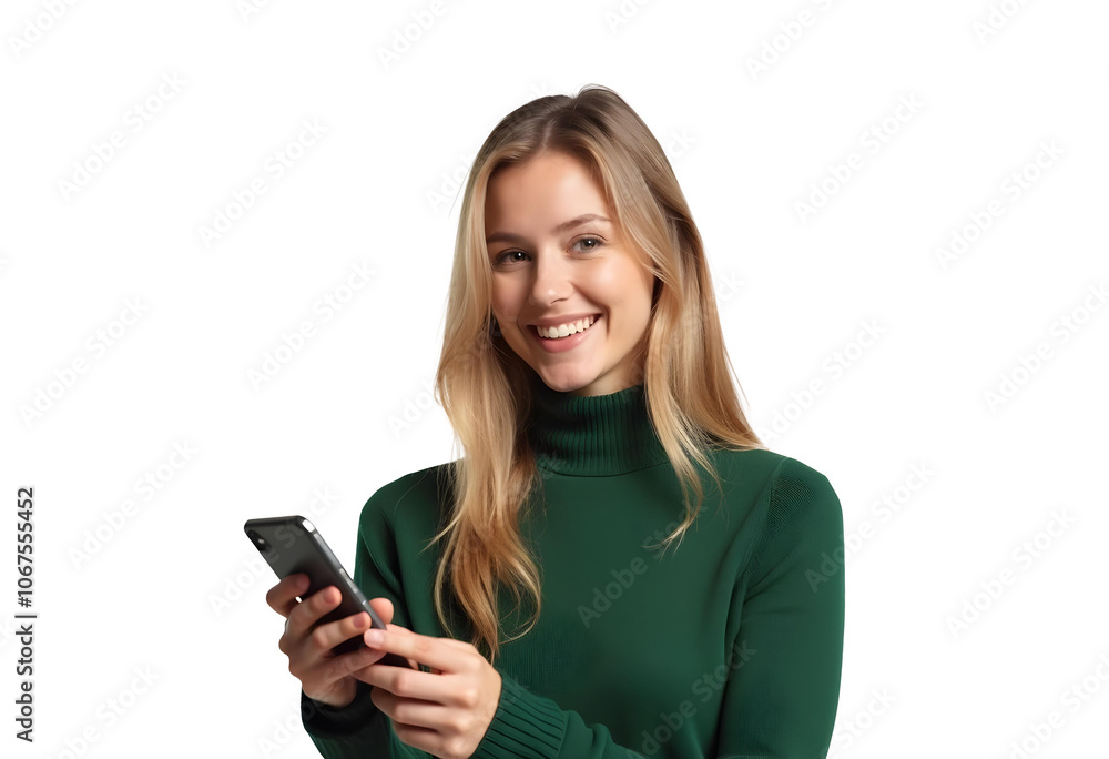 Smiling young woman holding smartphone. Smiling young woman holding smartphone.
