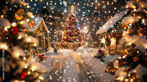 Wallpaper Mural christmas tree with lights blurred background with snow  Torontodigital.ca