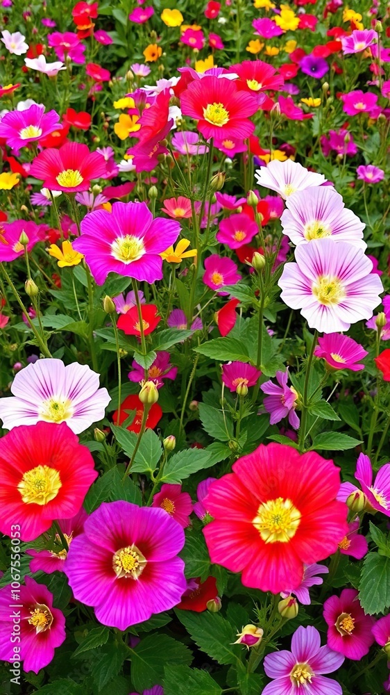 Vivid multi colored mallow flowers blooming abundantly in a lush field, bright, petals, landscape Vivid multi colored mallow flowers blooming abundantly in a lush field, bright, petals, landscape