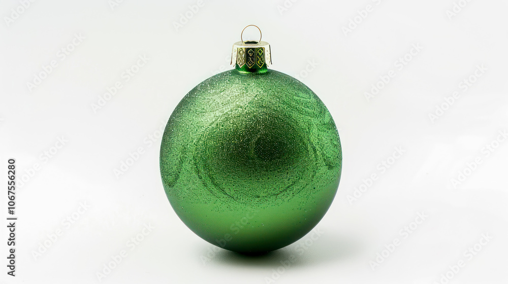 A green Christmas ball sits on a white background A green Christmas ball sits on a white background