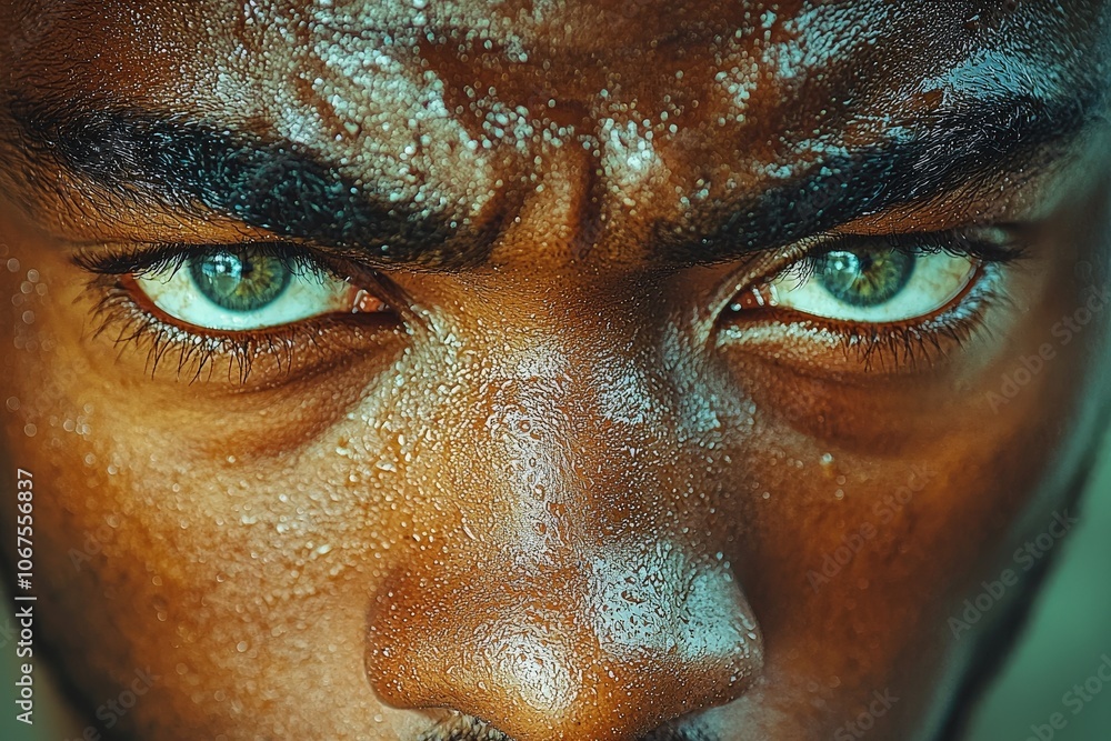 Intense close-up of determined eyes with sweat on forehead Intense close-up of determined eyes with sweat on forehead