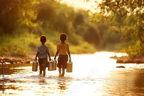 Two children walking along a stream at sunset, carrying water containers, creating a serene and warm scene of daily life in rural nature