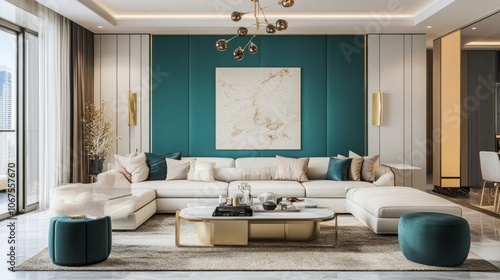 Modern Living Room Interior with Teal Accents and White Sofa photo