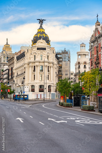 Neoclassical style buildings in the streets of Alcala and Gran Via in the capital, Madrid, Spain