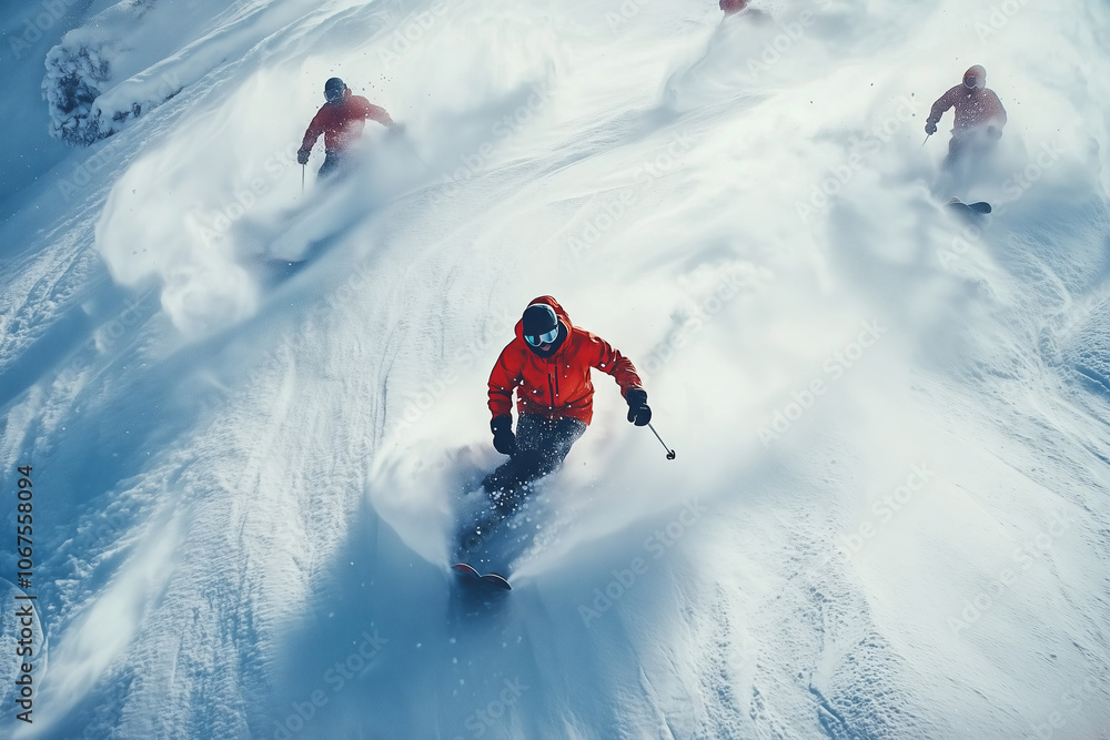 Aerial view of snowboarders racing down a snowy mountain slope at midday Aerial view of snowboarders racing down a snowy mountain slope at midday