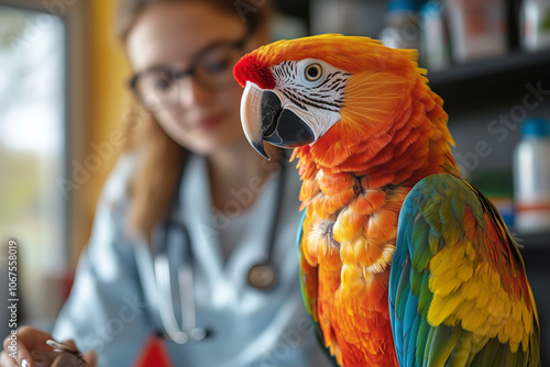 Veterinarian conducts health check on vibrant parrot in a clinical setting photo