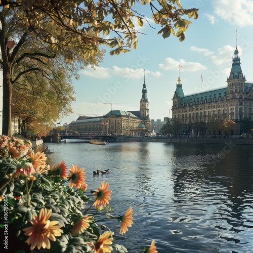 Germany, Hamburg, Alster lakes and Hamburg city hall  photo