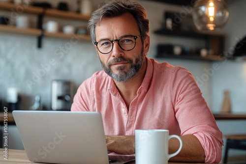 Mature man working from home on laptop, standing by kitchen island, with cup of coffee. Concept of remote work from home. Hygge at work.