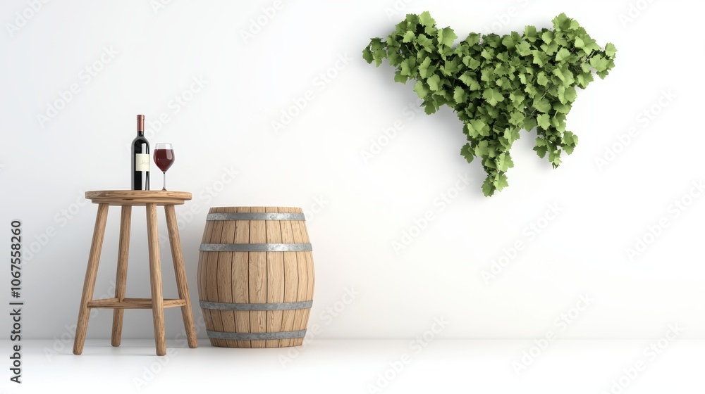 Rustic winery with oak barrels, grapevines, and tasting table, cozy and warm countryside setting, perfect for wine enthusiasts, 3D illustration Rustic winery with oak barrels, grapevines, and tasting table, cozy and warm countryside setting, perfect for wine enthusiasts, 3D illustration